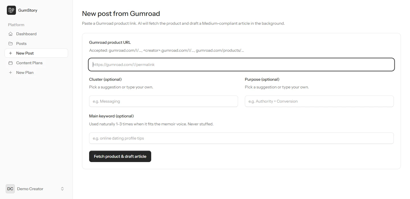 The New post screen in GumStory: paste a Gumroad product URL and AI drafts a Medium-compliant article.